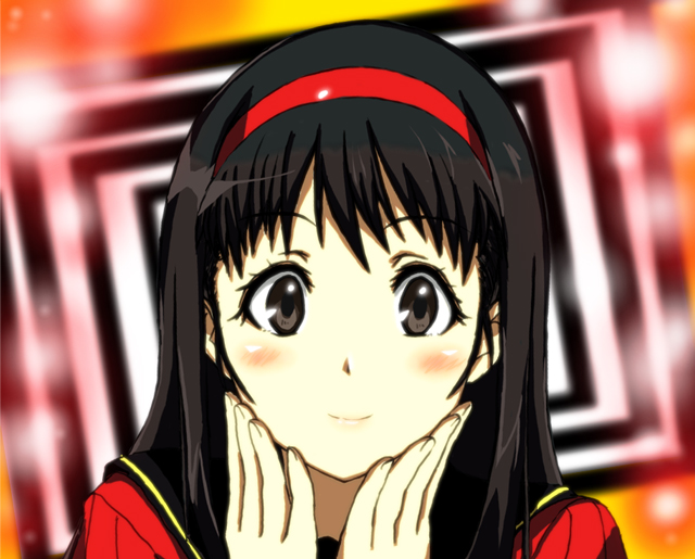 1girl, amagi_yukiko, atlus, bangs, black_eyes, black_hair, blunt_bangs, blush, brown_eyes, hairband, hands, hands_on_own_cheeks, hands_on_own_face, hyouka, kadokawa_shoten, kouchin, kyoto_animation, long_hair, looking_at_viewer, megami_tensei, parody, persona, persona_4, school_uniform, serafuku, smile, solo, tokyo_mx, tv_channel_connection