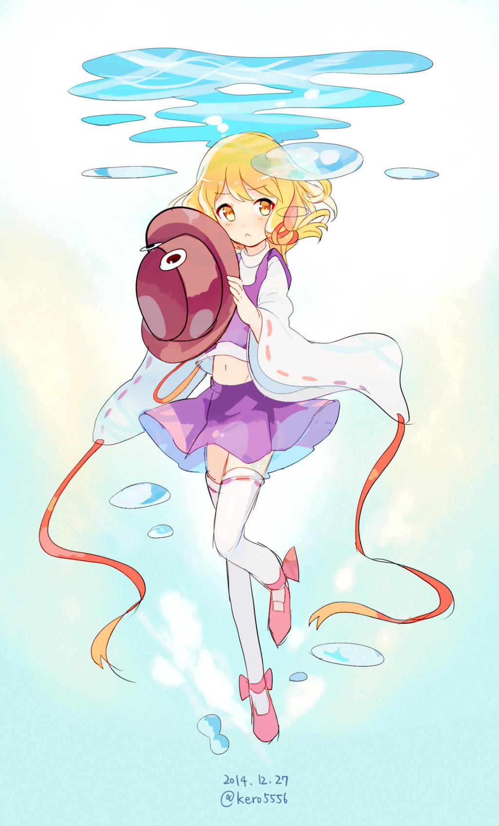 1girl, amano_kenpi, artist_name, blonde_hair, bubble, dated, full_body, gradient, gradient_background, hair_ornament, hair_ribbon, hat, hat_removed, headwear_removed, highres, long_sleeves, mary_janes, midriff, moriya_suwako, navel, ribbon, shirt, shoes, short_hair, simple_background, skirt, skirt_set, solo, thigh-highs, touhou, turtleneck, underwater, vest, water, white_legwear, wide_sleeves, yellow_eyes