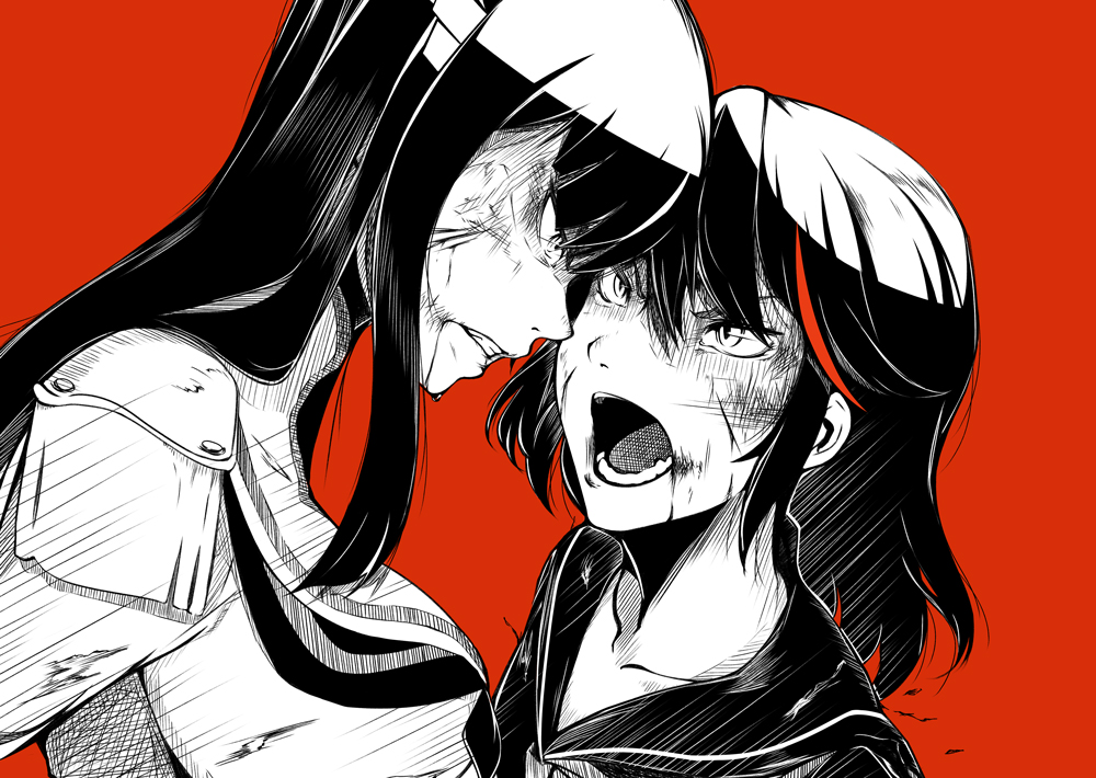 2girls, angry, epaulettes, idoke_kaeru, injury, junketsu, kill_la_kill, kiryuuin_satsuki, matoi_ryuuko, multicolored_hair, multiple_girls, open_mouth, red_background, red_eyes, senketsu, shouting, spot_color, streaked_hair, torn_clothes