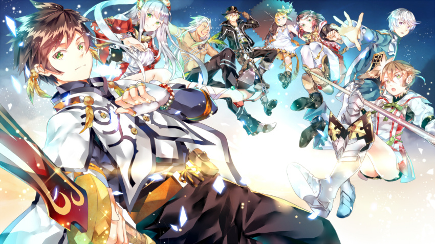 4boys, 4girls, alisha_(tales), armor, blonde_hair, boots, bracelet, brown_hair