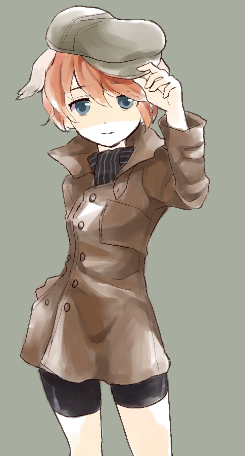 1girl, bike_shorts, blue_eyes, coat, cowboy_shot, green_background, hand_on_headwear, hat