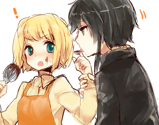 !, 2girls, apron, aqua_eyes, batter, black_hair, blonde_hair, chocolate