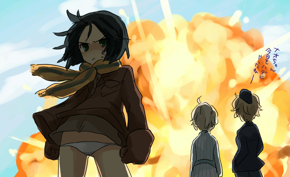 3girls, ahoge, black_hair, blonde_hair, blue_sky, brown_gloves, clouds, explosion