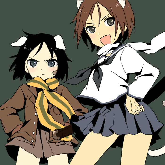 2girls, animal_ears, bandaid, black_hair, blue_eyes, blue_skirt, brown_hair, cat_ears