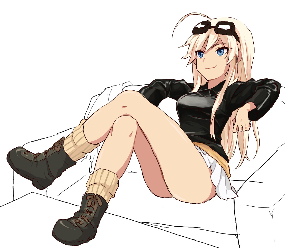 1girl, ahoge, black_boots, blonde_hair, blue_eyes, boots, couch, cross-laced_footwear, crossed_legs, goggles, goggles_on_head, hanna-justina_marseille, hloox, lace-up_boots, long_hair, long_sleeves, military, military_uniform, miniskirt, pleated_skirt, simple_background, sitting, skirt, smile, solo, strike_witches, uniform, white_background, white_skirt