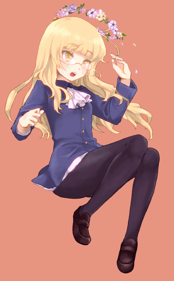 1girl, bangs, black_legwear, blonde_hair, blunt_bangs, blush, cravat, eyebrows