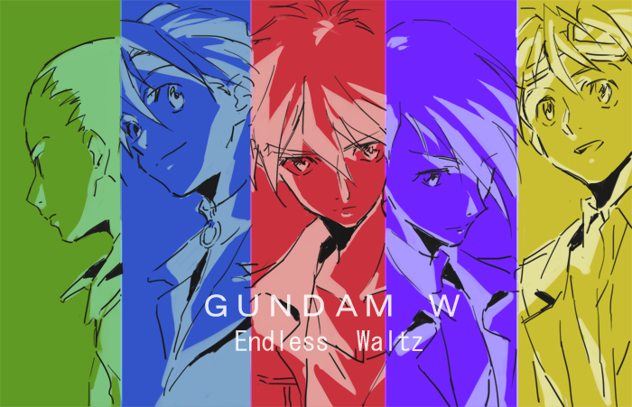 5boys, chang_wufei, copyright_name, duo_maxwell, goggles, gundam, gundam_wing, gundam_wing_endless_waltz, heero_yuy, looking_at_viewer, multiple_boys, open_mouth, quatre_raberba_winner, tktn, trowa_barton