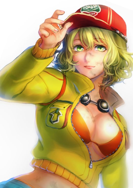 baseball_cap, blonde_hair, breasts, cidney_(final_fantasy), final_fantasy, final_fantasy_xv, green_eyes, hat