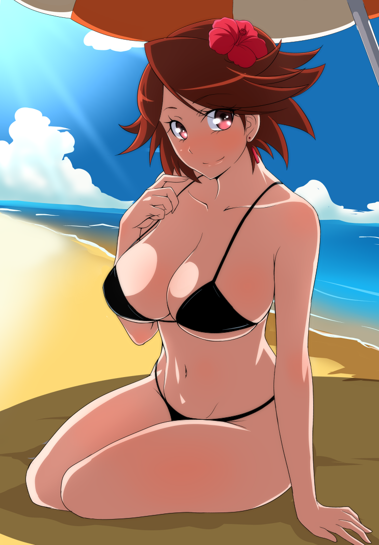 1girl, beach, bikini, breasts, brown_hair, cleavage, cure_southern_cross, flower, hair_flower, hair_ornament, happinesscharge_precure!, jabara921, precure, red_eyes, short_hair, swimsuit, umbrella