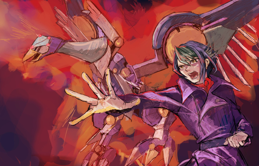 1boy, atlantic_salmon, bird, blue_hair, coat, duel_monster, highres, kurosaki_shun