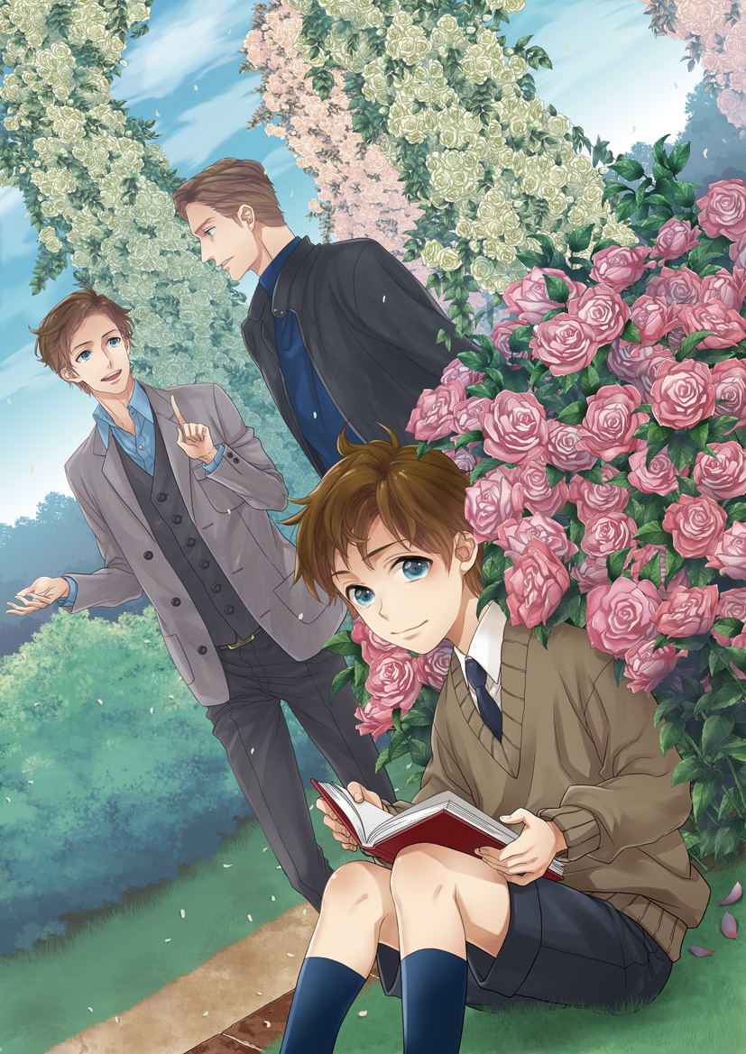 3boys, akuta_michi, blue_eyes, book, brown_hair, bush, charles_xavier, dutch_angle