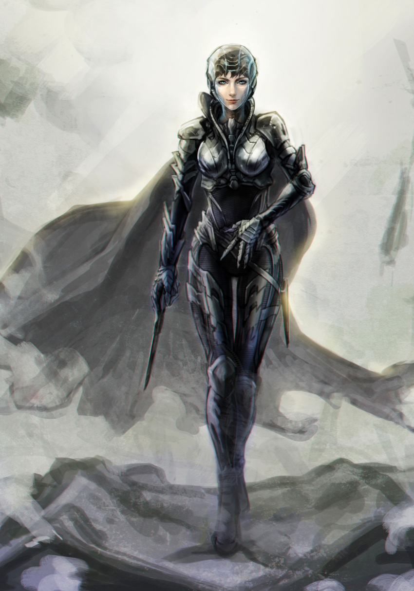 1girl, armor, black_hair, blue_eyes, cape, dc_comics, faora_hu-ul, helmet