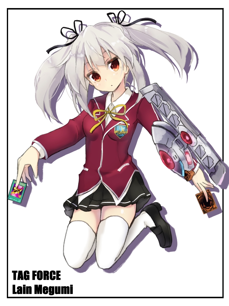 1girl, amano_kouki, bow, card, duel_disk, hair_bow, hair_ribbon, holding