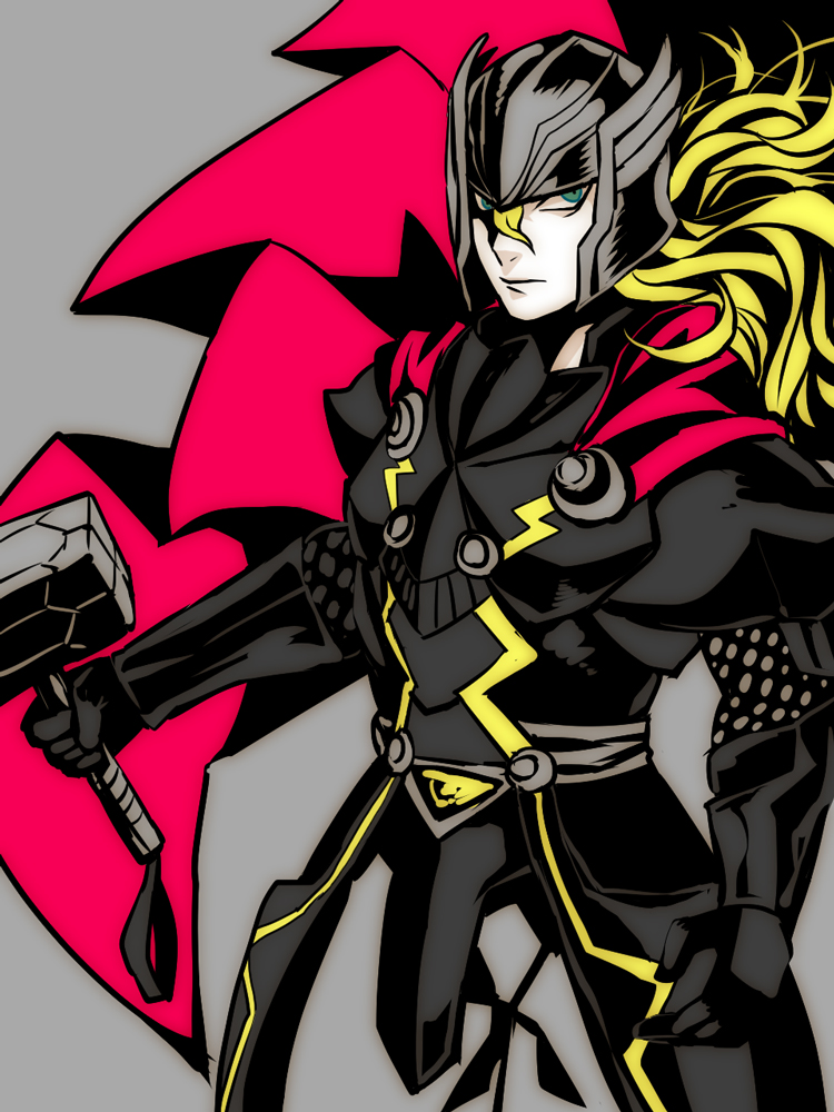 alternate_costume, armor, blonde_hair, blue_eyes, cape, disk_wars:_avengers, hammer, helmet