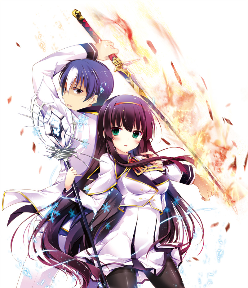 1boy, 1girl, black_hair, brown_eyes, green_eyes, haimura_moroha, hairband, holding