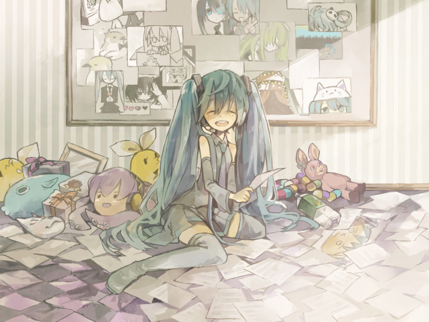 aqua_hair, birthday, black_rock_shooter, black_rock_shooter_(character), cameo, dark_woods_circus_(vocaloid), detached_sleeves, fox_mask
