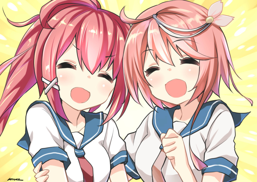 2girls, :d, ^_^, ahoge, closed_eyes, hair_ornament, highres, i-168_(kantai_collection), i-58_(kantai_collection), kantai_collection, long_hair, looking_at_viewer, meme, multiple_girls, open_mouth, orel_cruise, redhead, ryuki_(ryukisukune), school_uniform, serafuku, short_hair, smile, yatta_ne_tae-chan