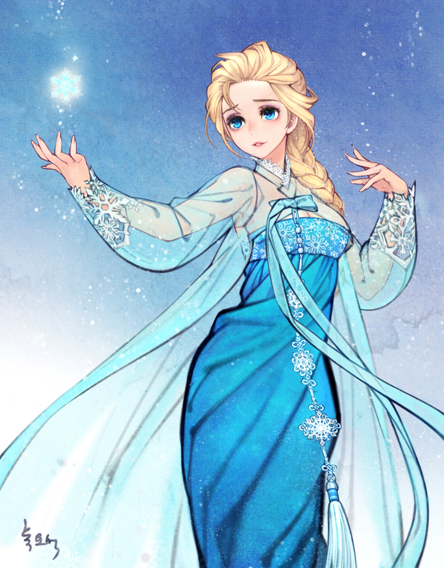 1girl, blonde_hair, blue_dress, blue_eyes, blue_sky, braid, dress, elsa_(frozen)