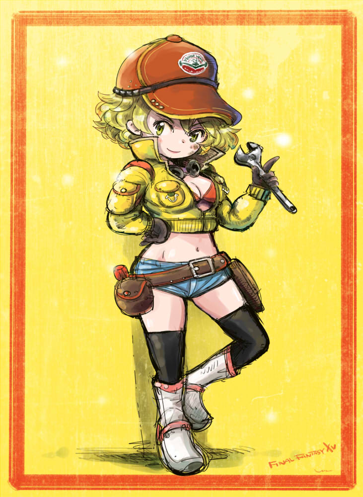 baseball_cap, blonde_hair, boots, breasts, cidney_(final_fantasy), cropped_jacket, final_fantasy, final_fantasy_xv