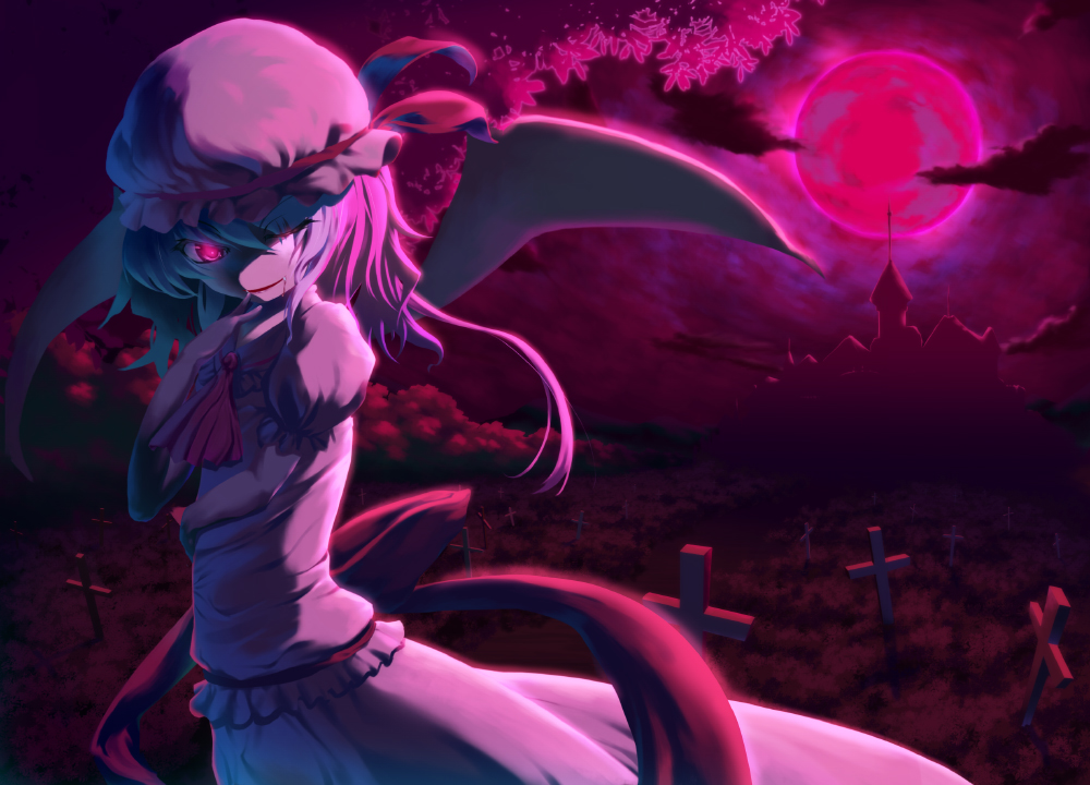 hat, mafu, moon, red_eyes, red_moon, remilia_scarlet, scarlet_devil_mansion, short_hair