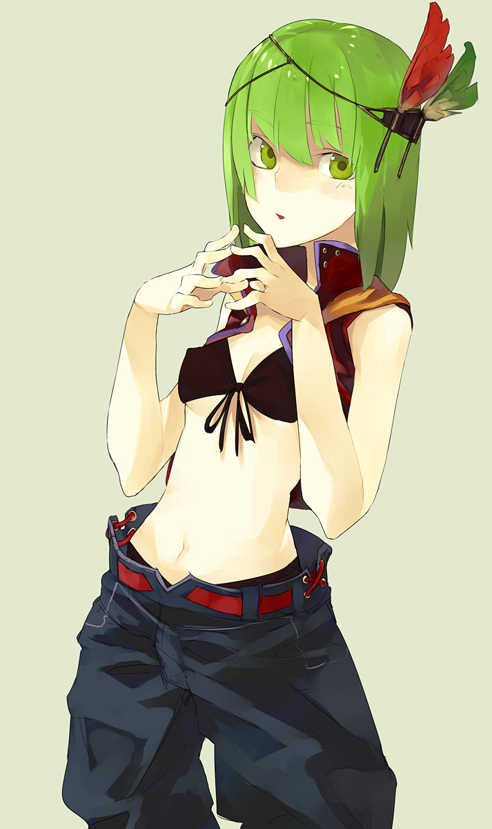 bikini_top, feathers, green_eyes, green_hair, hair_ornament, hama2224, highres, navel