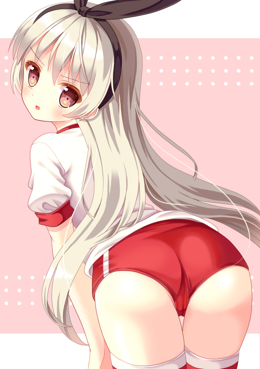 >:o, 1girl, :o, alternate_costume, ass, bent_over, brown_eyes, buruma