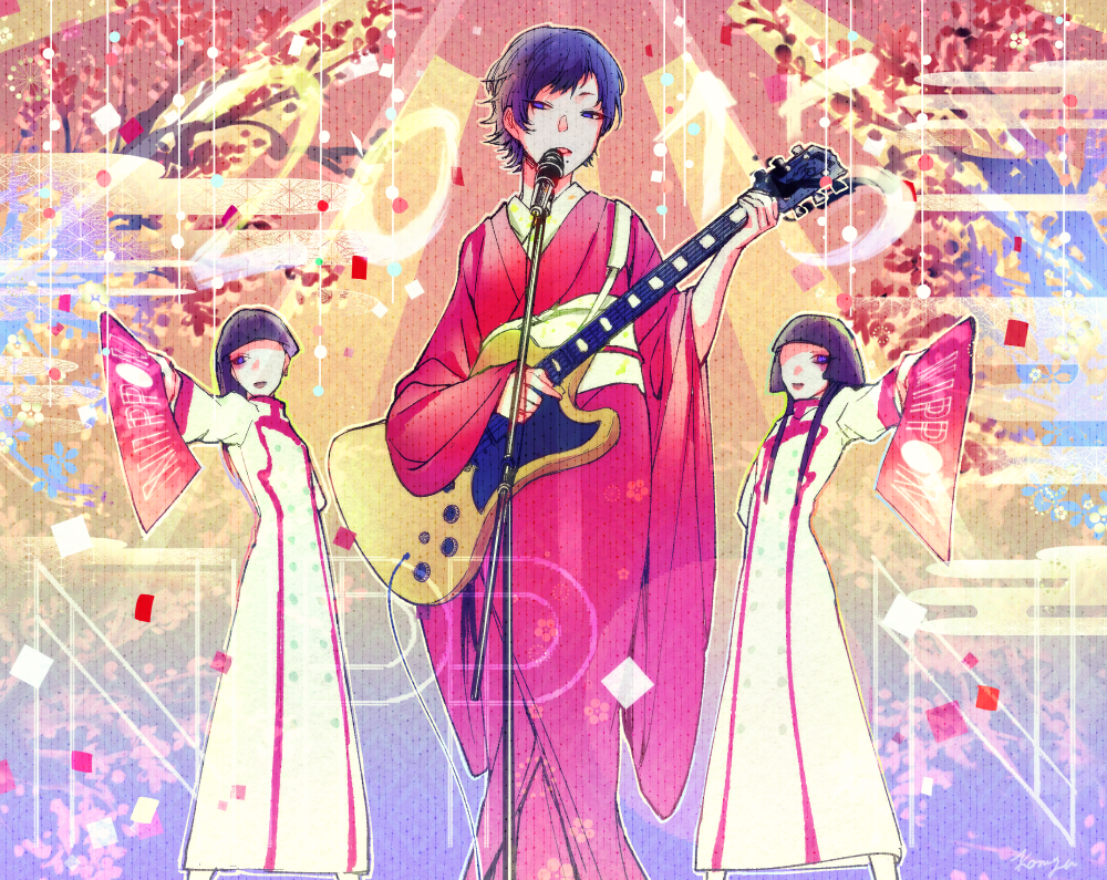 2015, 3girls, black_hair, blue_eyes, blue_hair, electric_guitar, guitar, instrument