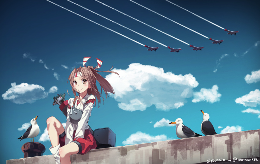 1girl, aichi_d3a, arrow, bird, blue_sky, brown_eyes, brown_hair, clouds