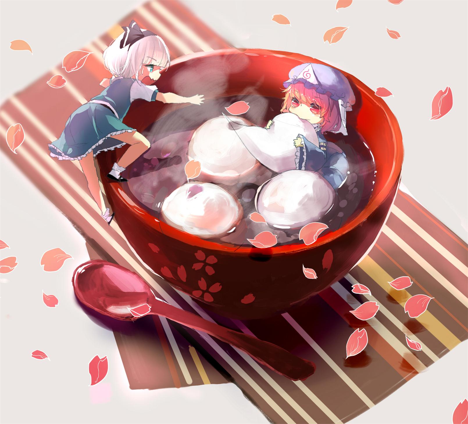 2girls, blue_eyes, bowl, cherry_blossoms, dress_shirt, eating, food, hair_ribbon, hairband, hat, highres, hitodama, japanese_clothes, konpaku_youmu, konpaku_youmu_(ghost), long_sleeves, minigirl, multiple_girls, nanayuna, petals, pink_eyes, pink_hair, ribbon, saigyouji_yuyuko, shirt, short_hair, short_sleeves, silver_hair, skirt, smile, spoon, touhou, triangular_headpiece, vest, wavy_mouth, wide_sleeves