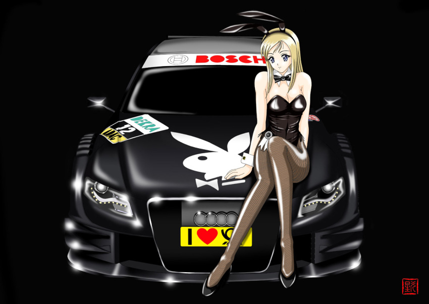 1girl, animal_ears, audi, audi_a4_dtm, blonde_hair, blue_eyes, budspedy, bunnysuit