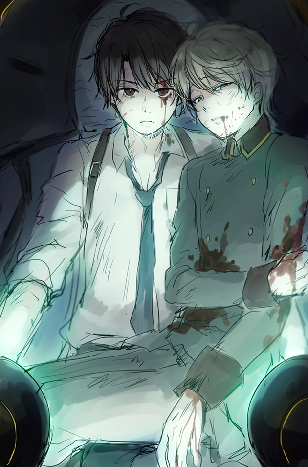 2boys, aldnoah.zero, blood, brown_eyes, brown_hair, cockpit, double-breasted, holster