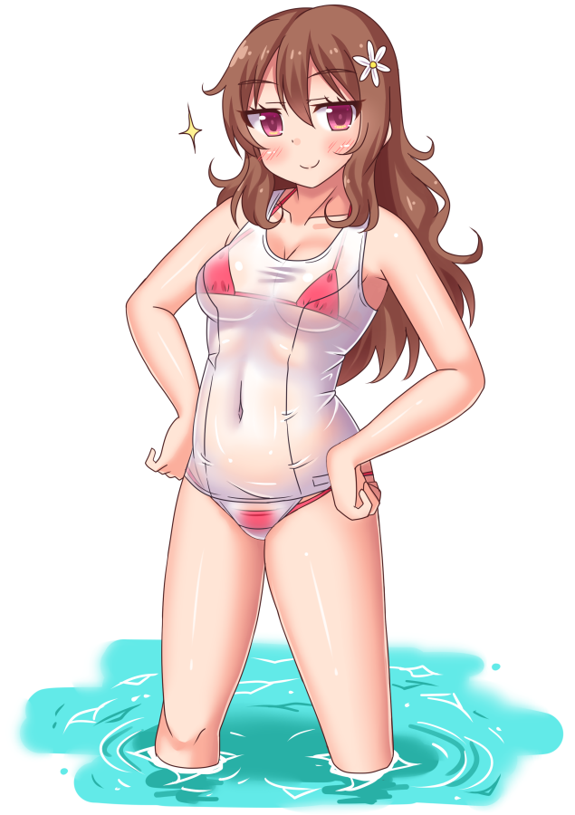 1girl, bikini, brown_hair, feet_in_water, flower, hair_flower, hair_ornament, long_hair