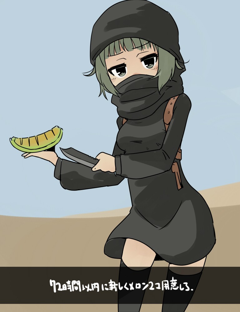 food, fruit, green_eyes, green_hair, isis-chan, knife, melon, thigh-highs