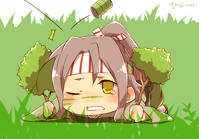 1girl, brown_hair, camouflage, hachimaki, headband, high_ponytail, japanese_clothes, kantai_collection, light_brown_hair, long_hair, looking_at_viewer, lying, muneate, on_stomach, one_eye_closed, senbiki_(nonono69), yellow_eyes, zuihou_(kantai_collection)