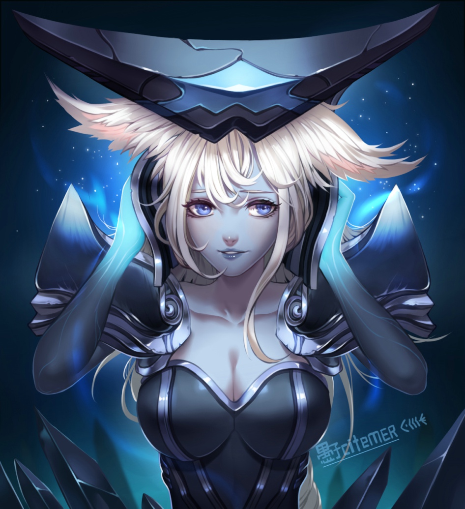 1girl, blue_eyes, breasts, cleavage, helmet, league_of_legends, lips, lissandra