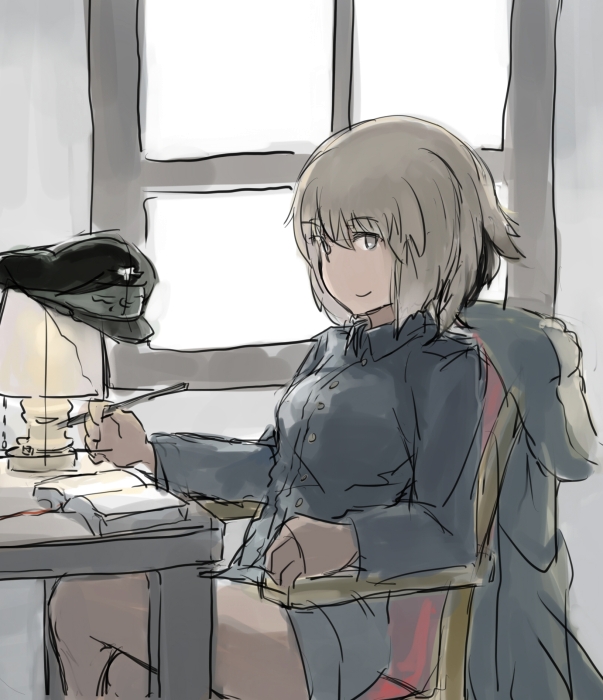 1girl, blonde_hair, blue_eyes, book, chair, desk, futenesira, hat
