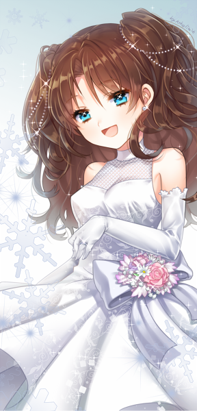 1girl, bare_shoulders, blue_eyes, bow, brown_hair, dress, elbow_gloves, gloves