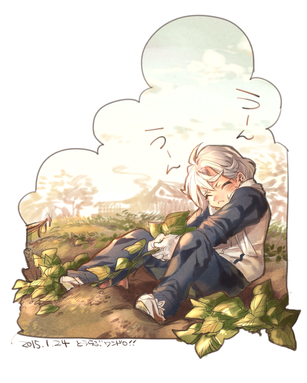 1boy, blush, closed_eyes, dated, frown, gardening, gloves, highres