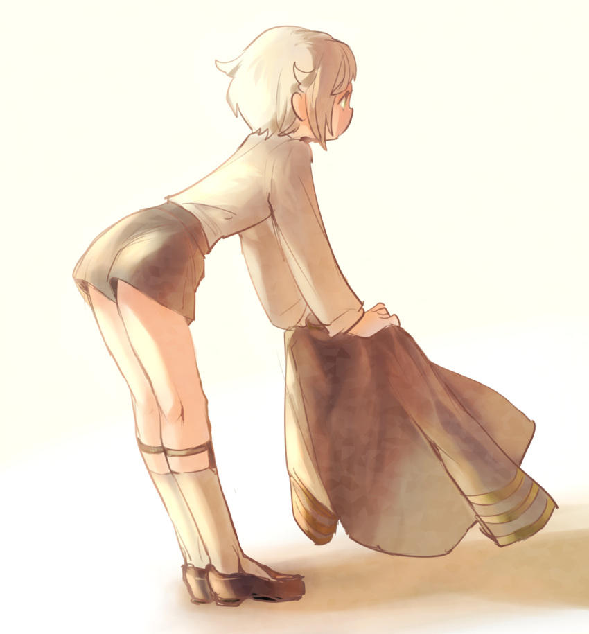 1boy, bent_over, brown_hair, from_behind, highres, hotarumaru, laila_(denbu3), male_focus, shoes, short_hair, shorts, sock_garters, socks, solo, touken_ranbu