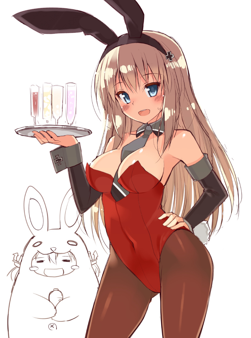 2girls, :d, alternate_costume, animal_costume, animal_ears, bare_shoulders, between_breasts, bismarck_(kantai_collection)