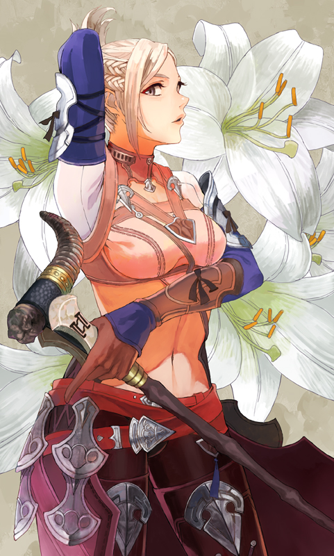 1girl, arm_up, belt, blonde_hair, cowboy_shot, final_fantasy, final_fantasy_xiv, flower