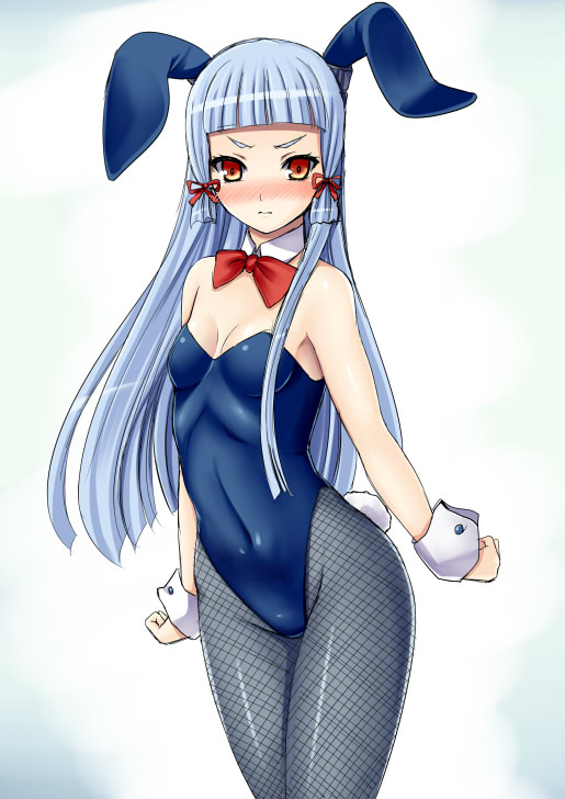 1girl, animal_ears, blue_hair, bowtie, bunny_tail, bunnysuit, detached_collar, fishnet_pantyhose, fishnets, hayami_kyuuen, kantai_collection, long_hair, murakumo_(kantai_collection), orange_eyes, pantyhose, rabbit_ears, standing, tail, wrist_cuffs