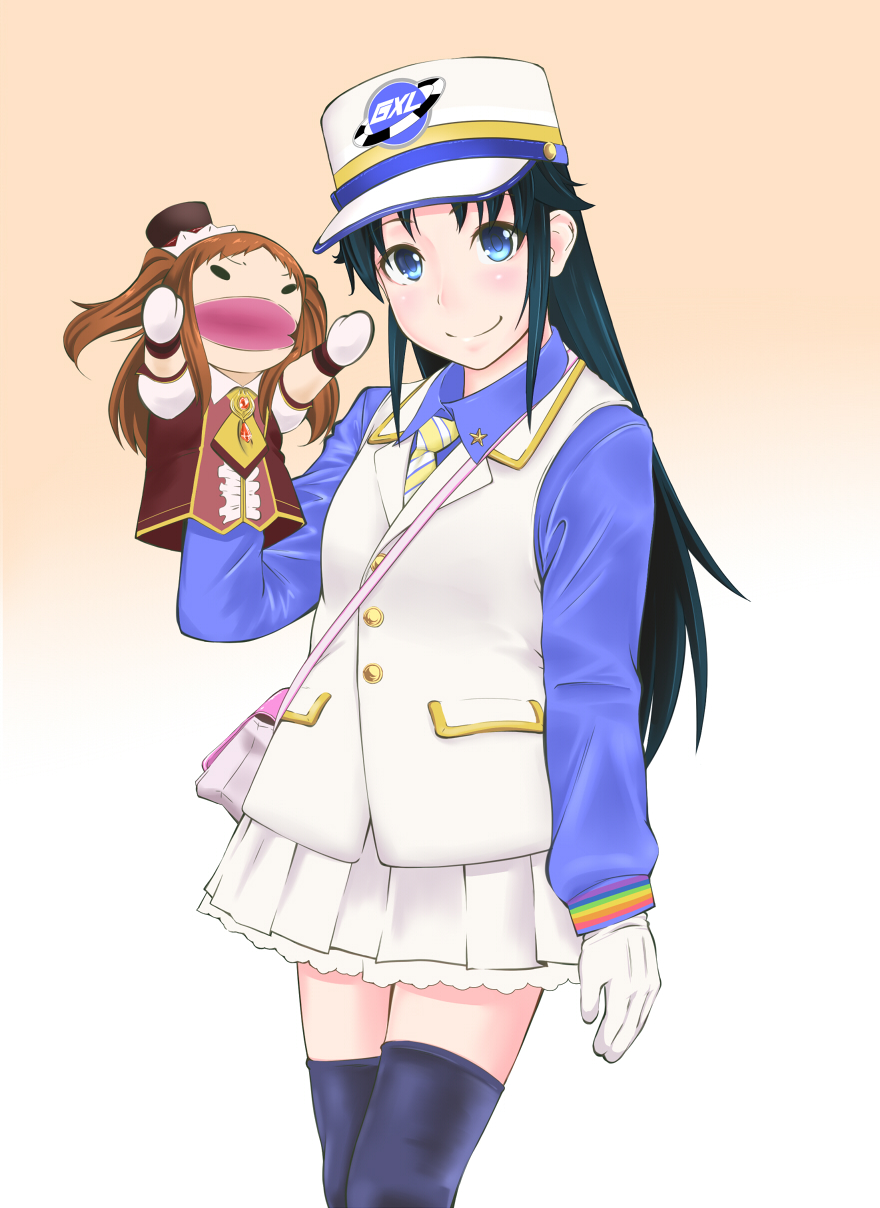 1girl, alternate_costume, bag, black_hair, blue_eyes, brown_hair, gloves, hand_puppet, handbag, hat, highres, hiro_1209, idolmaster, idolmaster_cinderella_girls, koseki_reina, lady_(ressha_sentai_toqger), long_hair, nanjou_hikaru, necktie, parody, passko_(ressha_sentai_toqger), puppet, ressha_sentai_toqger, skirt, smile, solo, super_sentai, thigh-highs, two_side_up, vest, zettai_ryouiki