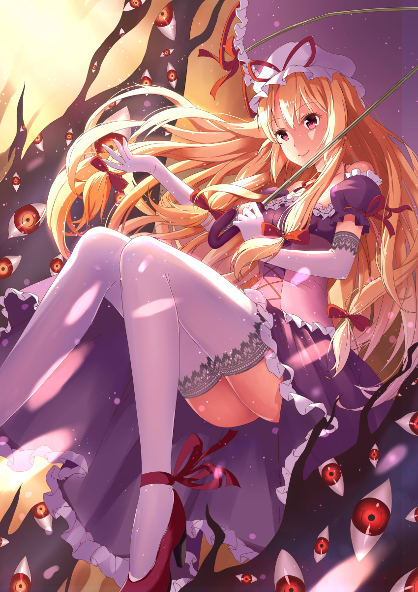 1girl, absurdres, adapted_costume, ankle_ribbon, ass, backlighting, blonde_hair, blurry