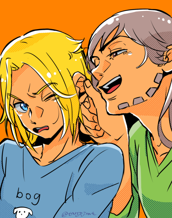 2boys, blonde_hair, blue_eyes, brown_hair, casual, ear_pull, gyro_zeppeli, johnny_joestar