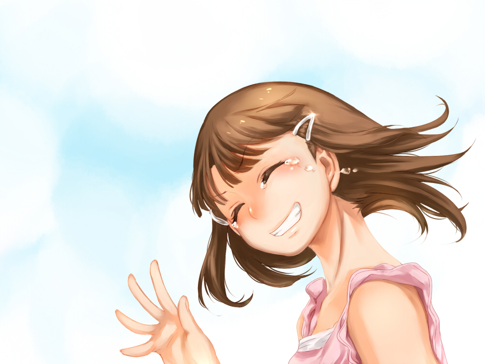 1girl, brown_hair, closed_eyes, comra, grin, hair_ornament, hairclip, sheila_levitt