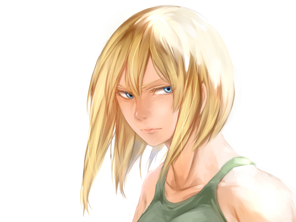 1girl, blonde_hair, blue_eyes, comra, michelle_k._davis, solo, terra_formars, white_background