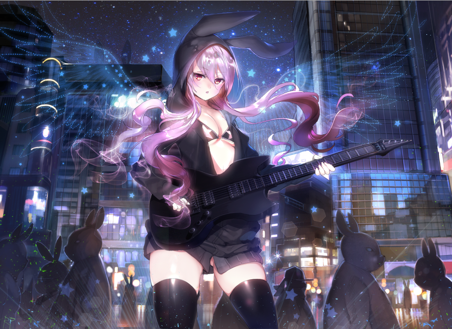 bikini_top, bunnysuit, guitar, instrument, long_hair, night, original, pink_hair