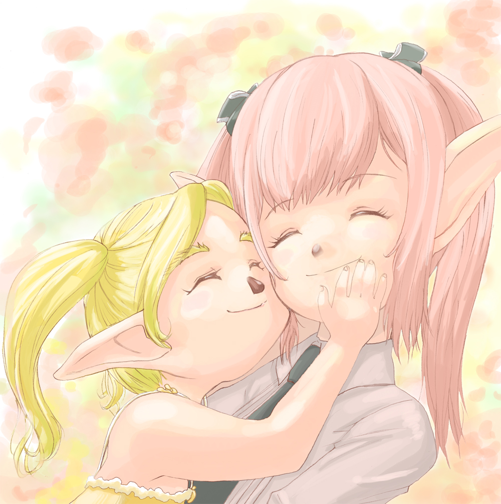 blonde_hair, cheek_to_cheek, closed_eyes, dress, final_fantasy, final_fantasy_xi, final_fantasy_xiv, hair_ribbon, hug, illusion_cat, lalafell, long_hair, multiple_girls, necktie, pink_hair, pointy_ears, ribbon, smile, tarutaru, twintails, yellow_dress