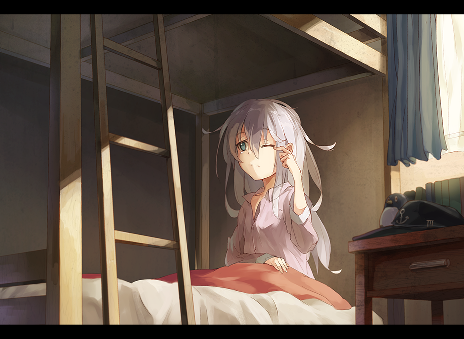 1girl, amoranorem, aqua_eyes, bedroom, bunk_bed, failure_penguin, finger_to_eye, hibiki_(kantai_collection)